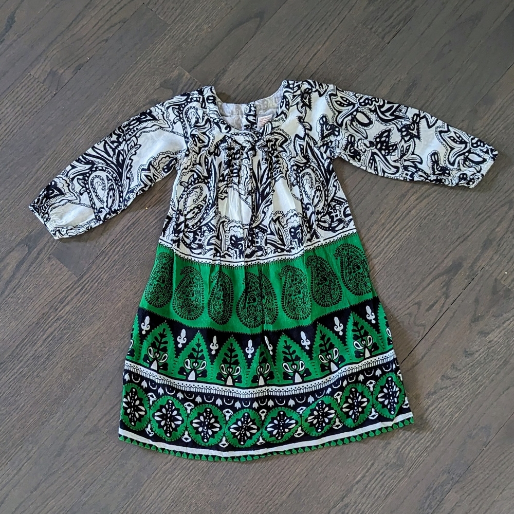 Yo Baby Girls' Cotton Dress - Green/White, 2T
